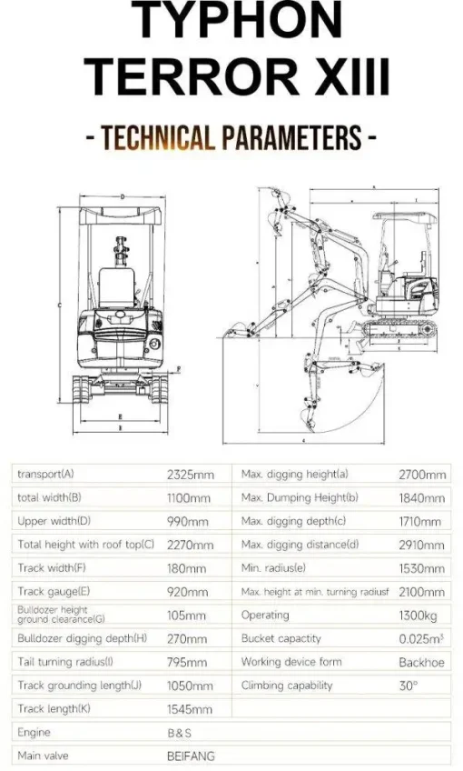 TYPHON TERROR XIII Mini Excavator – 1.3 Ton Trench Digger with Canopy, Hydraulic Thumb Clip, 13.5hp B&S Engine USA - Image 6