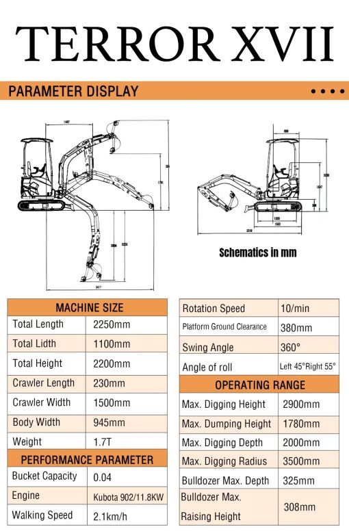 2025 3,800 lb TYPHON TERROR XVII Mini Excavator Rubber Track with Kubota D902 Diesel Engine USA - Image 2