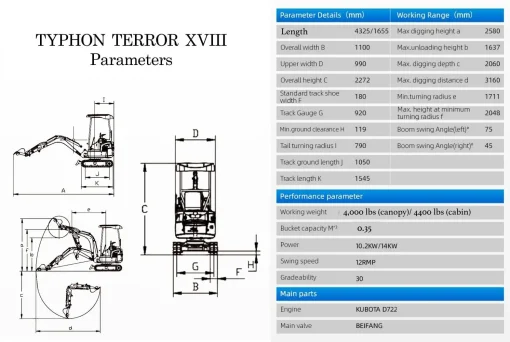 TERROR XVIII Mini Excavator – 4000lbs EPA Certified USA KUBOTA D902 engine - Image 3