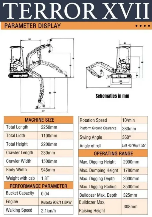 2025 4000 lb TYPHON TERROR XVII Cabin Mini Excavator Rubber Track with Kubota D902 Diesel Engine - Image 4